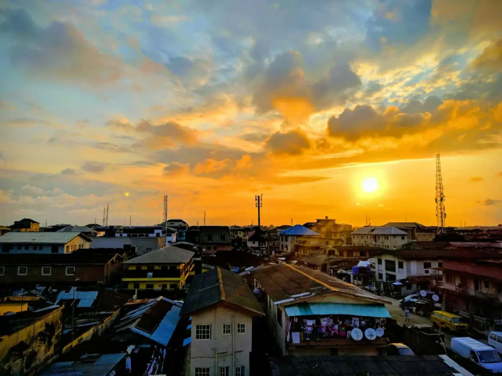 Aerial view of a dense Lagos cityscape