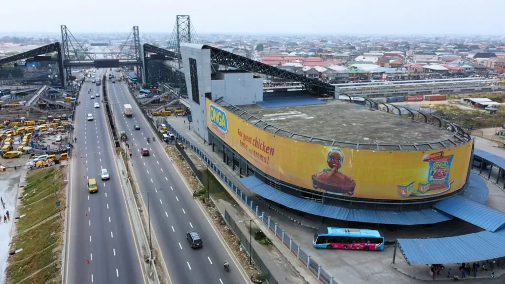 Aerial view of a stadium and road network in Lagos
