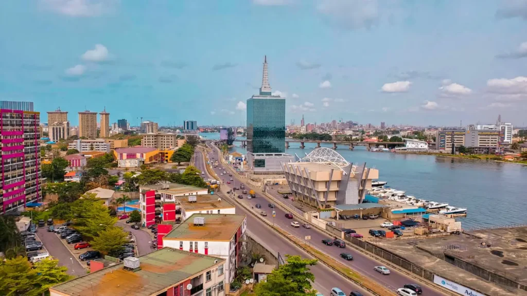 Aerial view of Lagos Marina and the lagoon