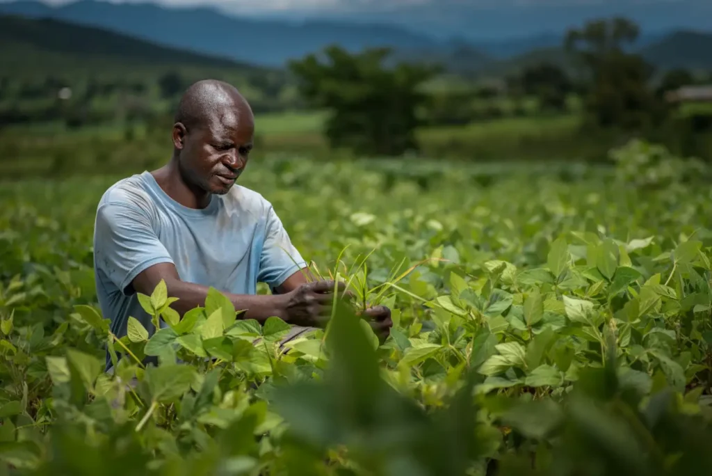 Farmer tending crops in a green field