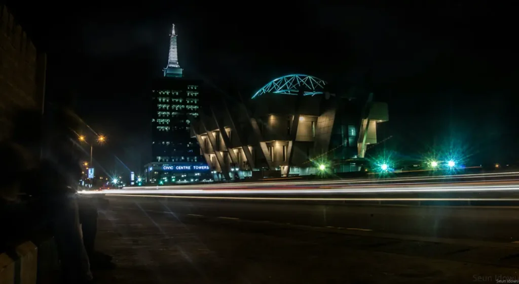 Lagos civic centre lit up at night