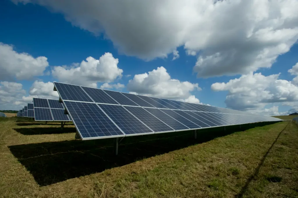 Rows of solar panels in sunlight