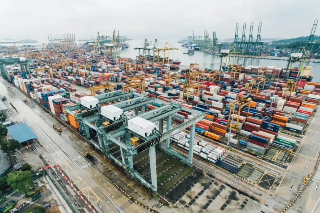 Stacked shipping containers at a port