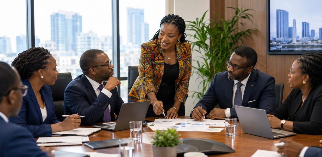 Diverse African executives collaborating, boardroom, natural light