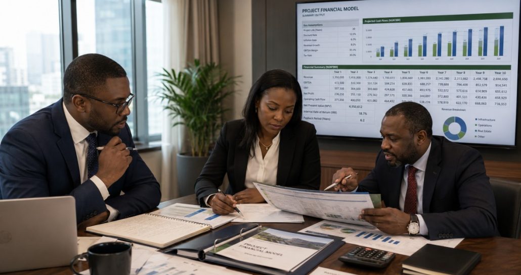Advisors reviewing project documents/financial model